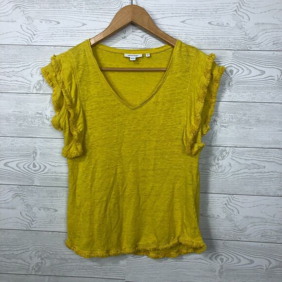 Chico's Women's 100% Linen Fringe Flutter Sleeve V Neck Tee Shirt Size 0/Small - Picture 1 of 7